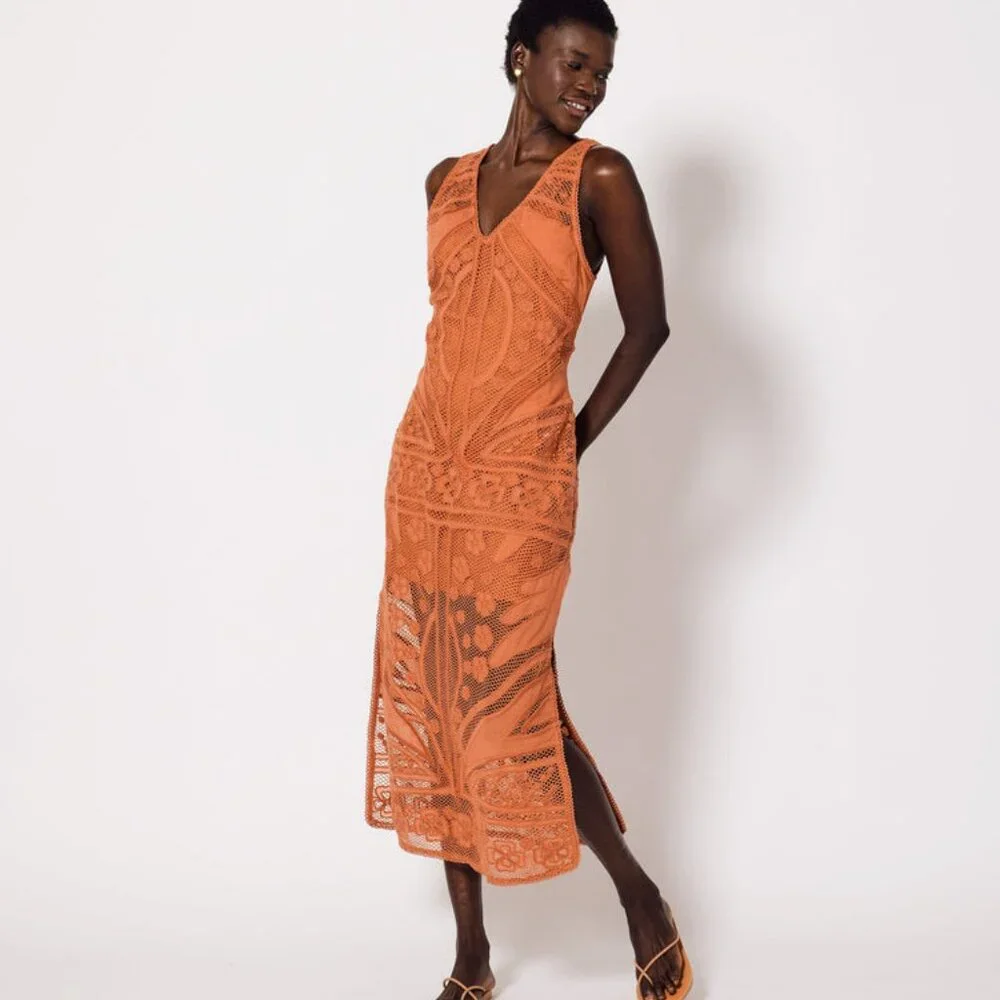CLEOBELLA SHELBY CROCHET MIDI DRESS | APRICOT BRANDY.  SZ XS